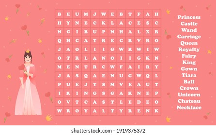 Children educational word search game, litlle princess holding love flower, printable worksheet or riddle for book, fairy tale concept in cartoon style on pink background