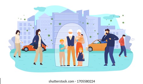 Children and eldery people at risk for virus infection vector illustration. Protect high group risk characters. Elderly couple with children under protection dome in city with virus infected air.