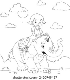 The children and the Elephant Hand-drawn coloring illustration. For children's coloring books, backgrounds,