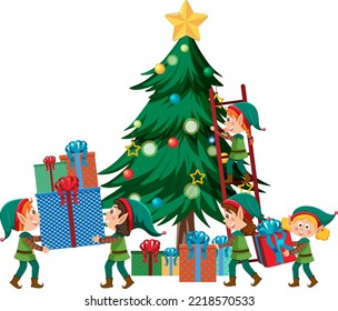 Children in elf costume decorating Christmas tree illustration