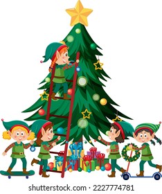 Children in elf costume decorating Christmas tree illustration