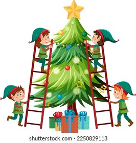 Children in elf costume decorating Christmas tree illustration