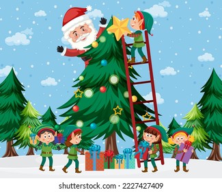 Children in elf costume and Santa Claus decorating Christmas tree illustration