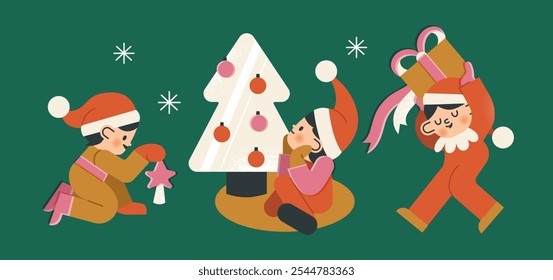 Children elves in costumes with Christmas elements. Characters are Santas helpers in red hats. Vintage style of illustrations. Vector flat design.