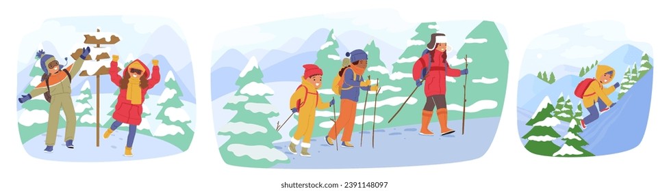 Children Embark On A Winter Hiking Adventure, Bundled Up In Colorful Gear, Rosy-cheeked With Excitement, As They Explore Snowy Trails And Marvel At Frost-covered Landscape. Cartoon Vector Illustration