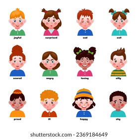 Children emotion expressions. Different faces. Angry or happy toddler head. Race diversity. Joyful girl. Sad boy. Young people portraits. Kids emoticons tidy clipart. Vector poster design