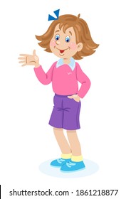 Children and emotions. A cute smiling girl stands and waves her hand. In cartoon style. Isolated on white background. Vector flat illustration.