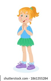Children and emotions. A cute smiling girl stands with folded hands. In cartoon style. Isolated on white background. Vector flat illustration.