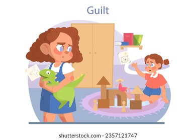 Children emotions. Embarrassed little girl feels guilty, taking a toy from another kid. Sisters playing together in the room. Child' emotional intelligence development. Flat vector illustration