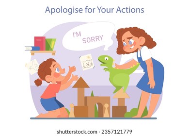 Children emotions. Embarrassed little girl apologizing to another kid, returning a toy back. Sisters playing together in the room. Child' emotional intelligence development. Flat vector illustration