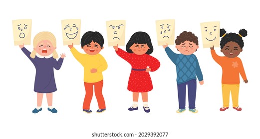 Children emotions. Kids hold pieces of paper with drawn positive and negative emotions.  Scared, laughing, sad, angry, glad, joyful, happy kids.