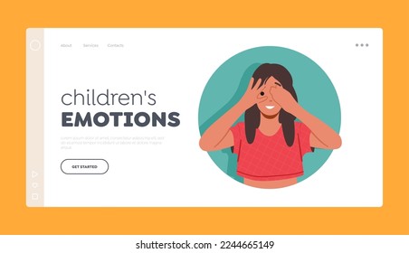 Children Emotions Landing Page Template. Girl Peeking Out Of Green Round Frame. Child Closing One Eye Look from the Hole. Happy Kid Face, Preteen Character Peeping. Cartoon People Vector Illustration