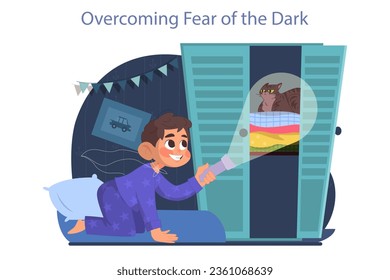 Children emotions. Little boy wearing pajamas overcoming his fear of dark. Child' emotional intelligence development. Support and positive education for kids. Flat vector illustration