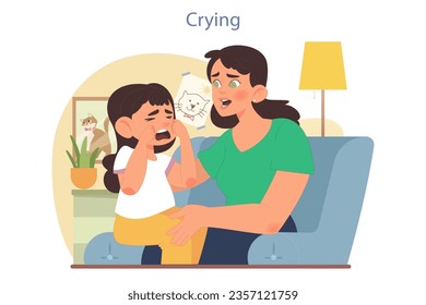 Children emotions. Little girl crying on her mom's laps. Concerned mother comforting a sad baby. Emotional intelligence development. Support and positive education for kids. Flat vector illustration