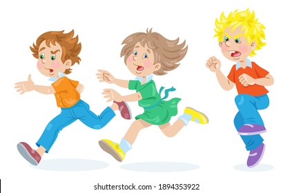 Children And Emotions. Scared Kids Run Away From The Angry Boy. In Cartoon Style. Isolated On White Background. Vector Flat Illustration.