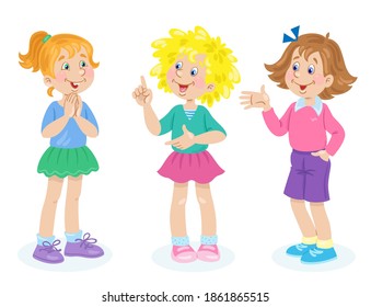 Niños y emociones. Tres novias lindas están hablando. Al estilo de las caricaturas. Aislado sobre fondo blanco. Ilustración plana vectorial.