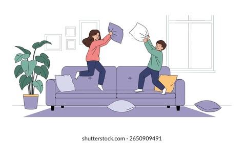 Crianças desfrutam energicamente de uma animada luta de travesseiro em um sofá acolhedor em um ambiente de sala de estar brilhante