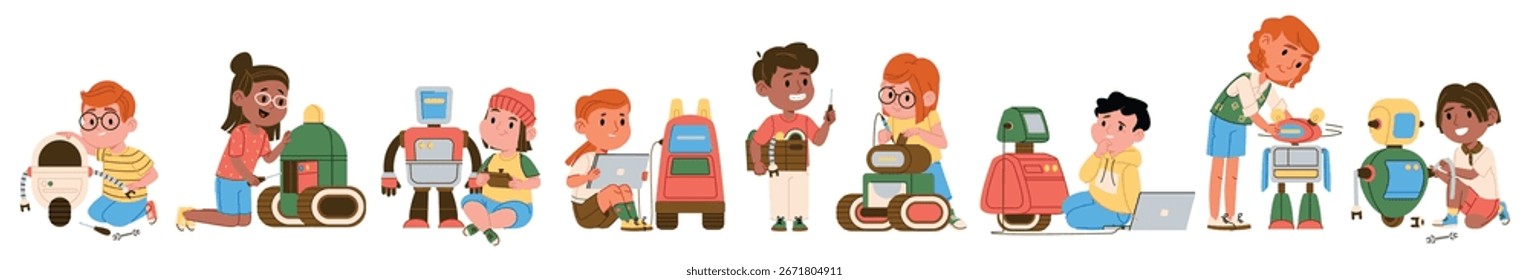 As crianças se envolvem na construção de robôs com várias ferramentas em um estilo de desenho animado divertido. Crianças colaboram em projetos robóticos usando elementos criativos e coloridos. Ilustração de vetor de desenhos animados.