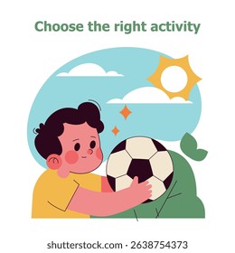 Children engage in sports to promote health and teamwork. The illustration captures a young child choosing soccer in a playful outdoor setting. Encourage activity, fun, and movement for preschoolers