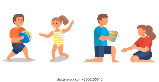 Children engaged in building sandcastles on a beach, representing outdoor creativity and fun. They are surrounded by sand, sea, and are enjoying a sunny day.