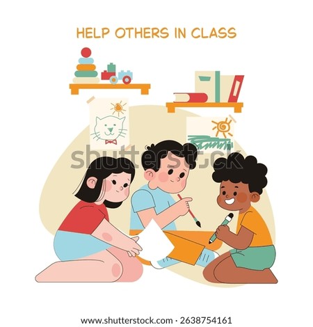 Children engaged in collaborative activities in a classroom setting, showcasing teamwork and support. They actively help each other with drawings, emphasizing the importance of friendship and