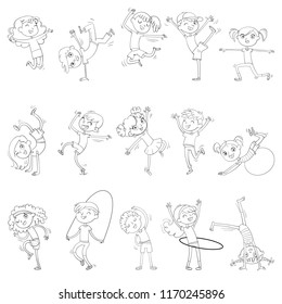 Children are engaged in different kinds of sports. Fitness. Dancing breakdance. Funny cartoon character. Vector illustration. Coloring book.