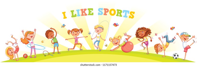 Children are engaged in different kinds of sports on nature background. Children's panorama for your design. Template for advertising brochure or web site. Funny cartoon character. Vector illustration