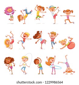 Children are engaged in different kinds of sports. Fitness. Dancing breakdance. Funny cartoon colorful character. Isolated on white background. Vector illustration