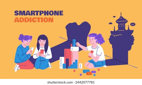 Children engaged with digital devices. Vector illustration set depicting kids using tablets, smartphones, and gaming consoles in various postures.