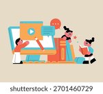 Children Engaged in Digital and Traditional Learning. Elementary school students learning online