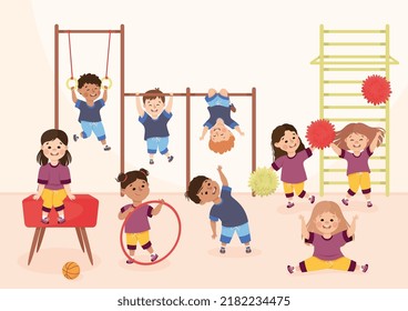 Children Engaged in Physical Education Doing Various Sports During Class at School Vector Illustration