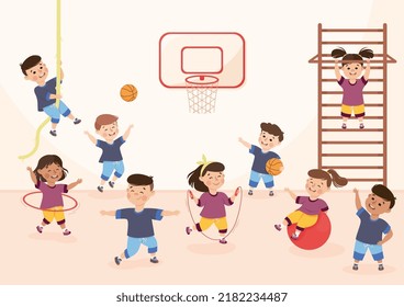 Children Engaged in Physical Education Doing Various Sports During Class at School Vector Illustration