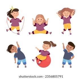 Children Engaged in Physical Education Doing Various Sports During Class at School Vector Illustration Set