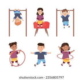 Children Engaged in Physical Education Doing Various Sports During Class at School Vector Illustration Set