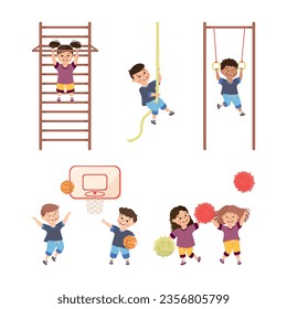 Children Engaged in Physical Education Doing Various Sports During Class at School Vector Illustration Set