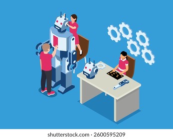 Children Engaged in Robotics and Engineering - STEM Education 3d flat vector illustrations