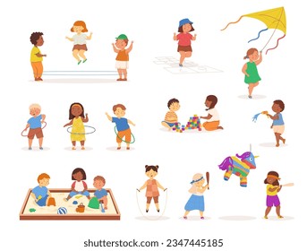 Children are engaged in summer activities: playing in the sandbox, flying a kite, spinning a hoop, playing hopscotch, jumping rope and rubber bands. Multiculturalism and diversity. Vector illustration