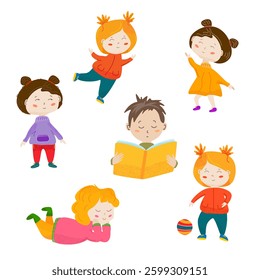Children engaged in various activities such as reading, playing, and dancing. Cute set of illustration of kids