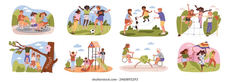 Children engaged in various outdoor activities depicted in a colorful, showcasing the concept of childhood play. Set of cartoon style vector illustrations isolated on white background