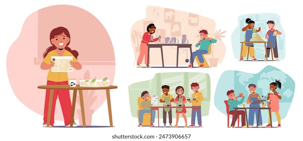 Children Engaged In Various School Projects Including Crafting, Science Experiments, And Teamwork. Vector Image Depicts Kids Collaborating, Learning, Enjoying Different Hands-on Educational Activities