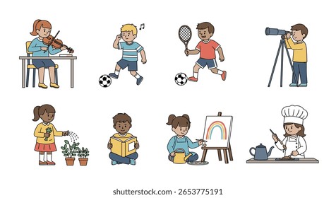 Crianças envolvidas em diversos hobbies e atividades criativas descobrindo talentos