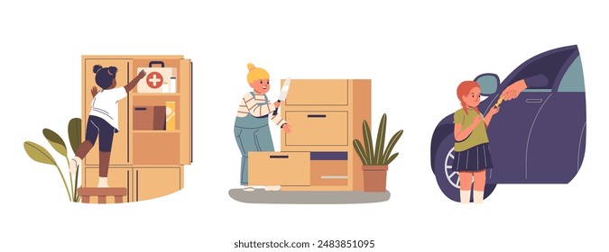 Children Engaging In Risky Behaviors, Reaching For A Medicine Cabinet, Playing With Knife And Taking Candy From Stranger