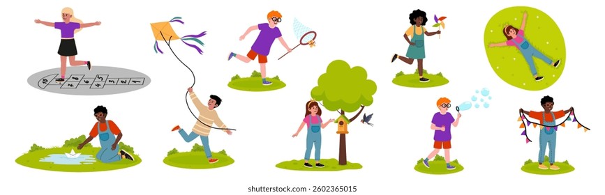 Children engaging in various outdoor activities in a sunny park setting