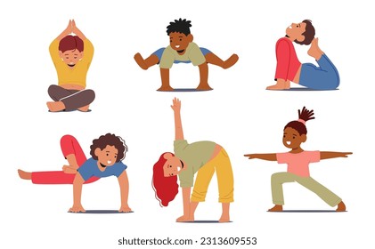 Niños Que Se Dedican Al Yoga, Exploran La Mentalidad Y El Movimiento. Caracteres Que Promueven La Flexibilidad, El Equilibrio Y La Relajación, Fomentando Un Sentido De Calma Y Bienestar. Ilustración de vectores de personas de caricatura