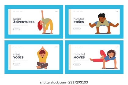 Children Engaging In Yoga Landing Page Template Set. Kids Exploring Mindfulness And Movement., Promoting Flexibility, Balance, And Relaxation, Calm And Well-being. Cartoon People Vector Illustration