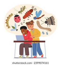 Children Engrossed In Learning About Insects On Laptop, Wide-eyed And Fascinated Kids Exploring Miniature World Of Creepy Crawlers Through The Digital Realm Of Education. Cartoon Vector Illustration