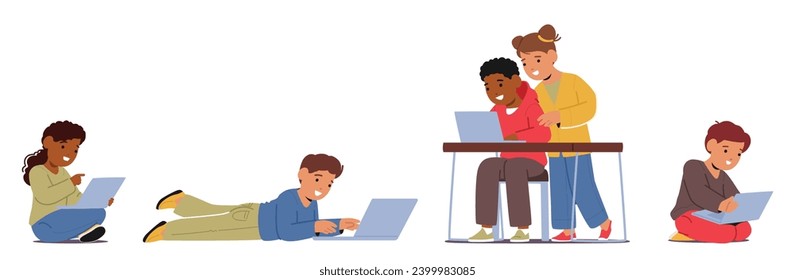 Children Engrossed In Learning, Eyes Fixed On Laptops Exploring World Of Knowledge. Characters Minds Alight With Curiosity, Forging A Path To Digital Enlightenment. Cartoon People Vector Illustration