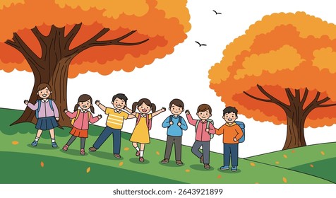 Children Enjoy Autumn Season Walking on a Hillside with Yellow Foliage Trees