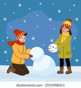 Children enjoy building a snowman during a winter day in a snowy landscape