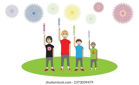 Children enjoy playing with fireworks on the green land. colorful fireworks on white background